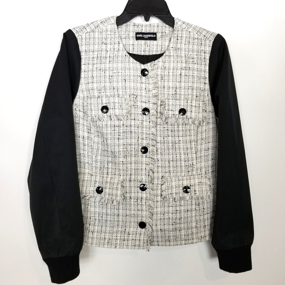 KARL LAGERFELD PARIS Tweed Bomber Jacket Women Sz S Gray Black Classic Preppy